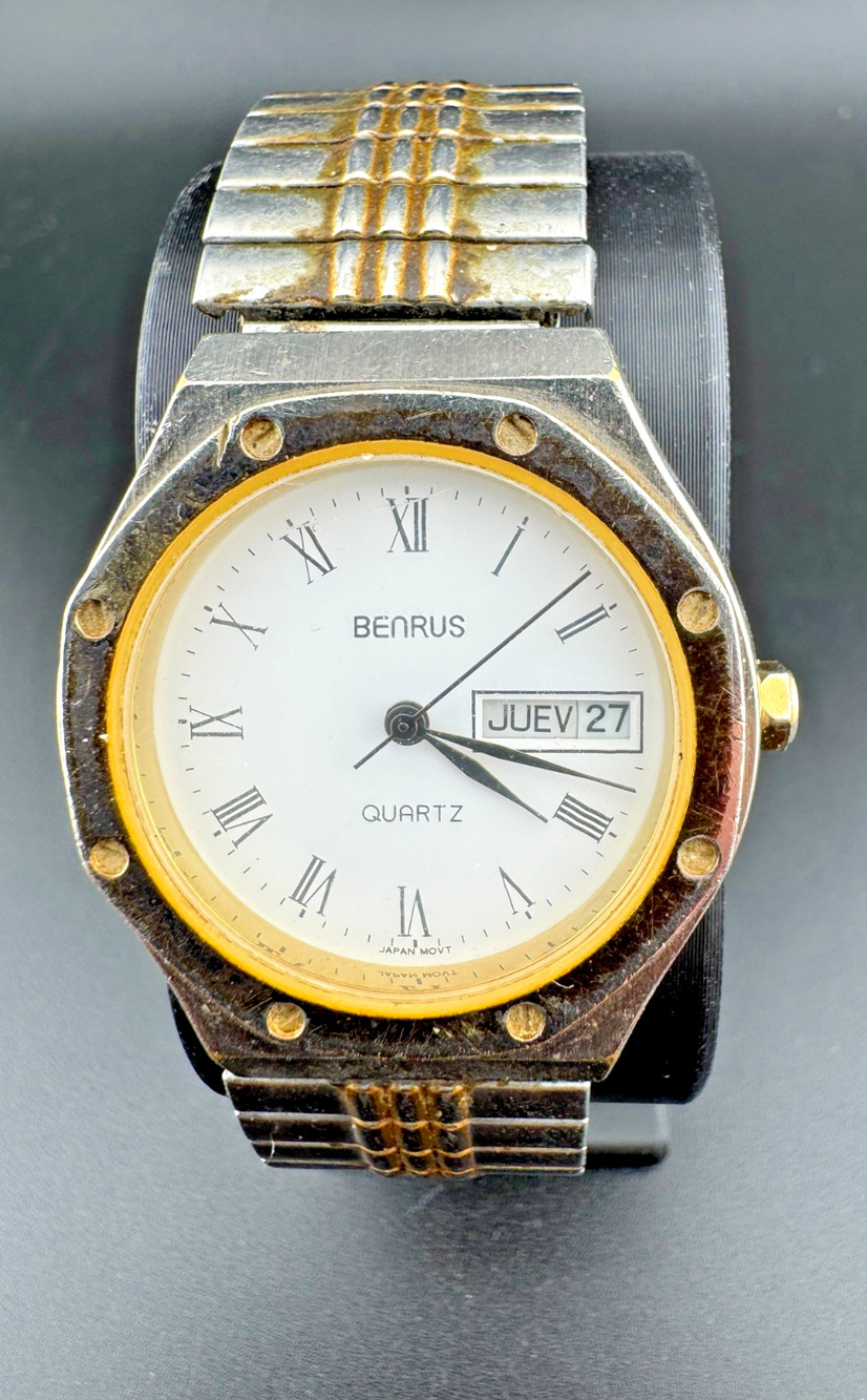 Vintage Benrus Quartz Two Tone Octagon Watch Day Date
